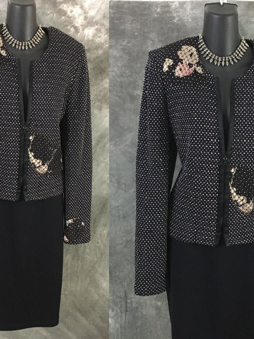 BEAUTIFUL st john evening knit black pink paillettes embellished skirt suit 12